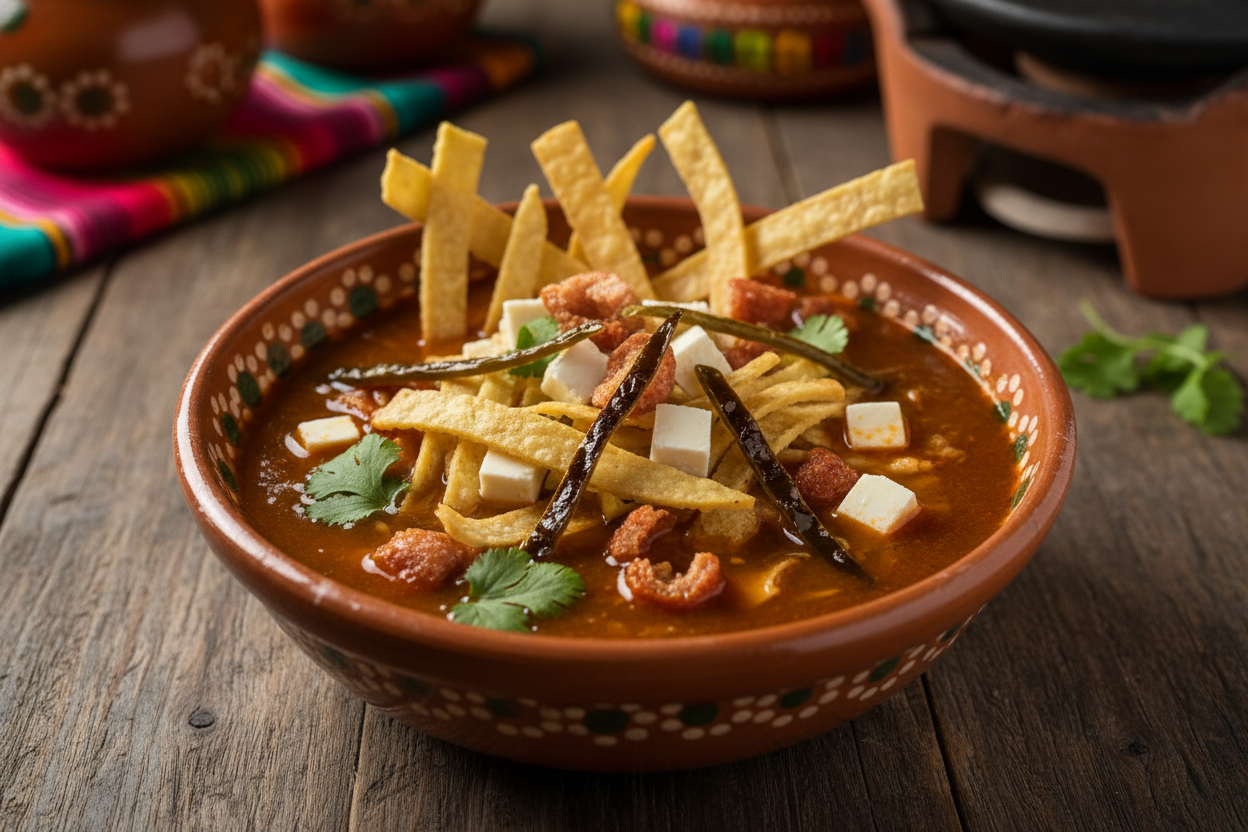 🥣 Sopa de tortilla • Tatemada y llena de sabor

La clásica sopa mexicana con jitomate tatemado, chile pasilla crujiente y un caldo aromático. Instachef te ayuda a lograr un sabor profundo sin ensuciar varias ollas y en mucho menos tiempo.

Ingredientes

250 g de aceite

5 chiles pasilla en tiras

8 tortillas de maíz en tiras

2 dientes de ajo

150 g de cebolla

750 g de jitomate

2 cditas de sal fina

600 g de agua

1 chile verde en mitades

1 ramita de cilantro

150 g queso panela en cubos

70 g chicharró